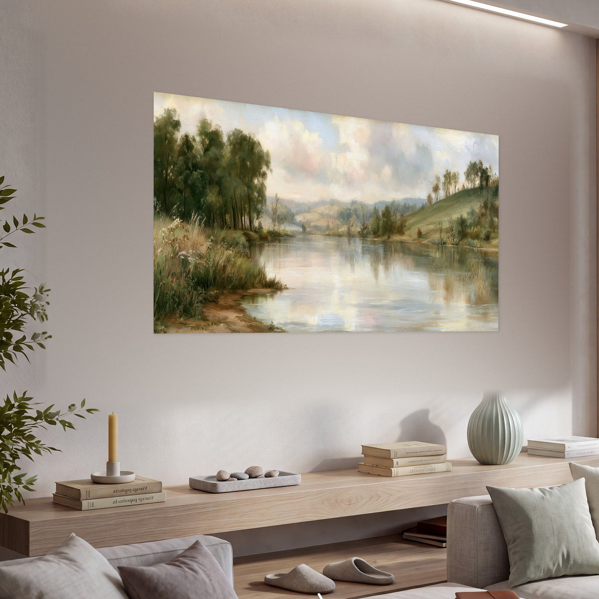 Pastel river valley painting poster print in a living room above a console