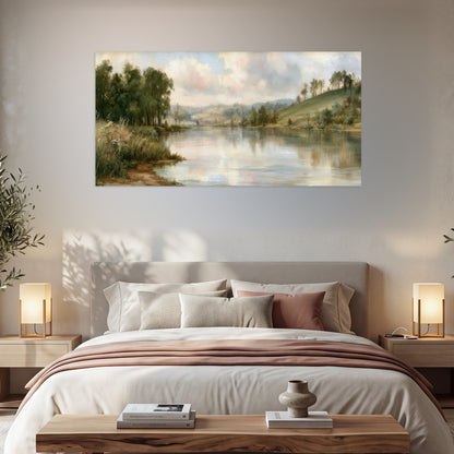 Pastel river valley painting poster print in a bedroom above the bed