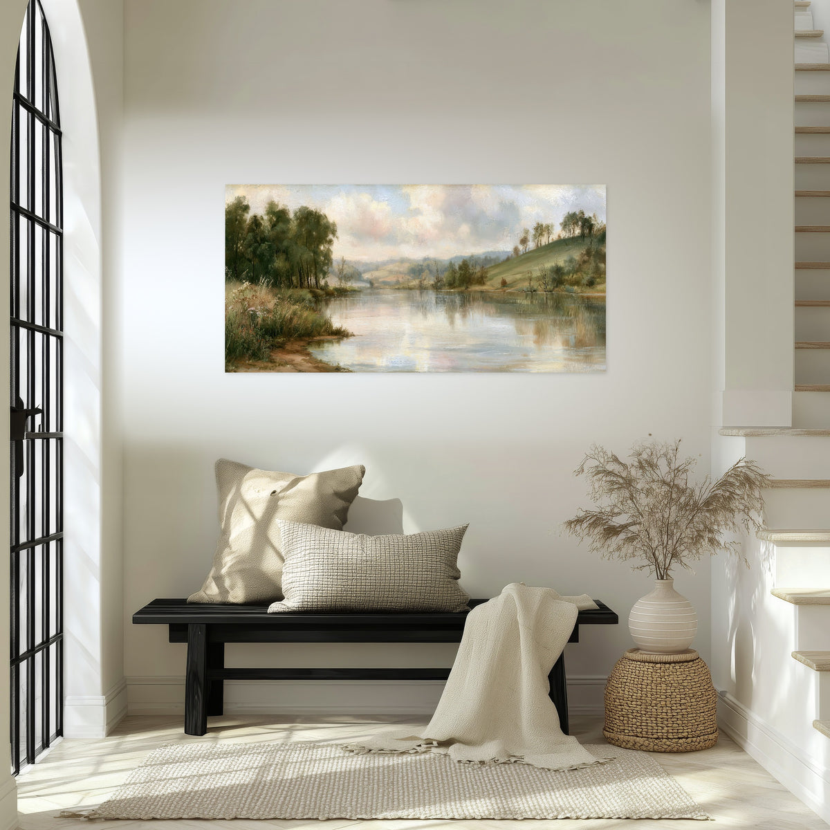 Pastel river valley painting poster print in an entryway above a bench