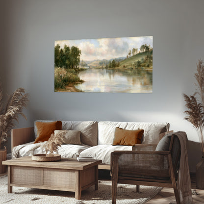 Pastel river valley painting poster print in a rustic living room