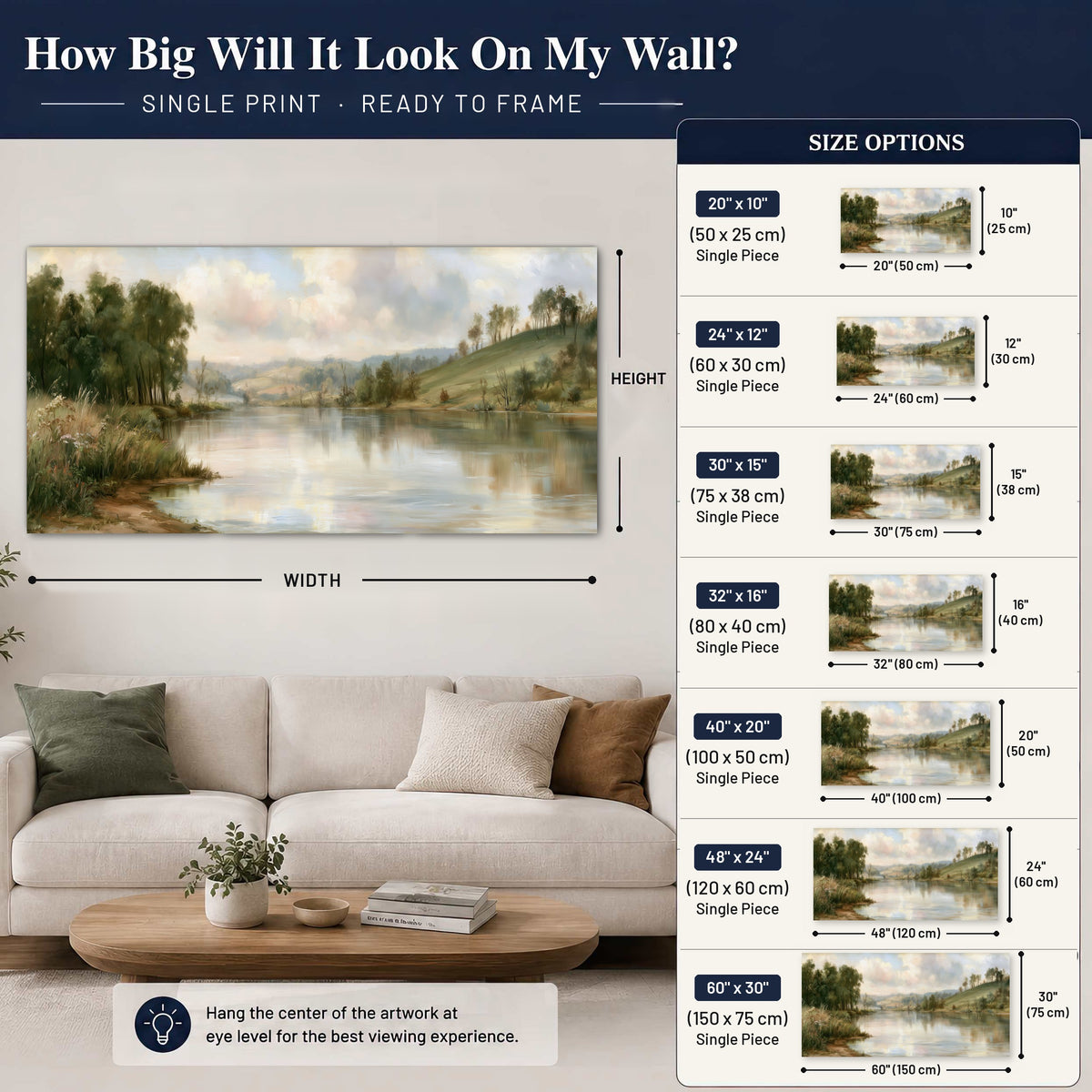 Pastel river valley painting poster print size guide above a sofa