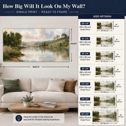 Pastel river valley painting poster print size guide above a sofa