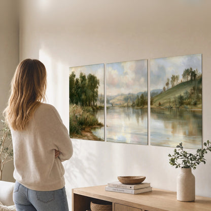 Pastel river valley painting set of 3 poster prints in a living room