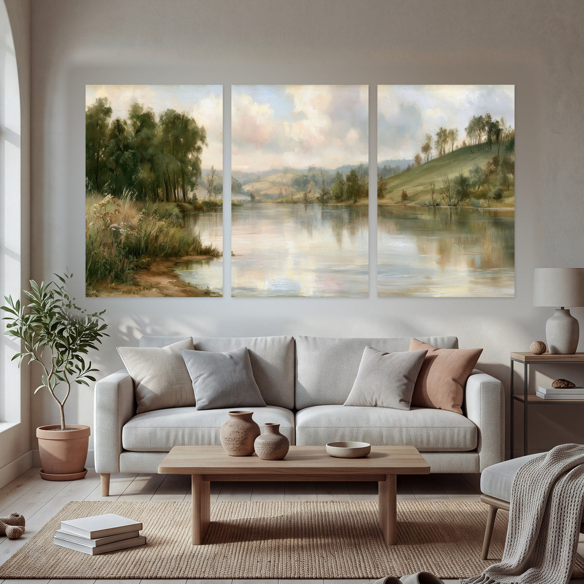 Pastel river valley painting set of 3 poster prints in a bright living room
