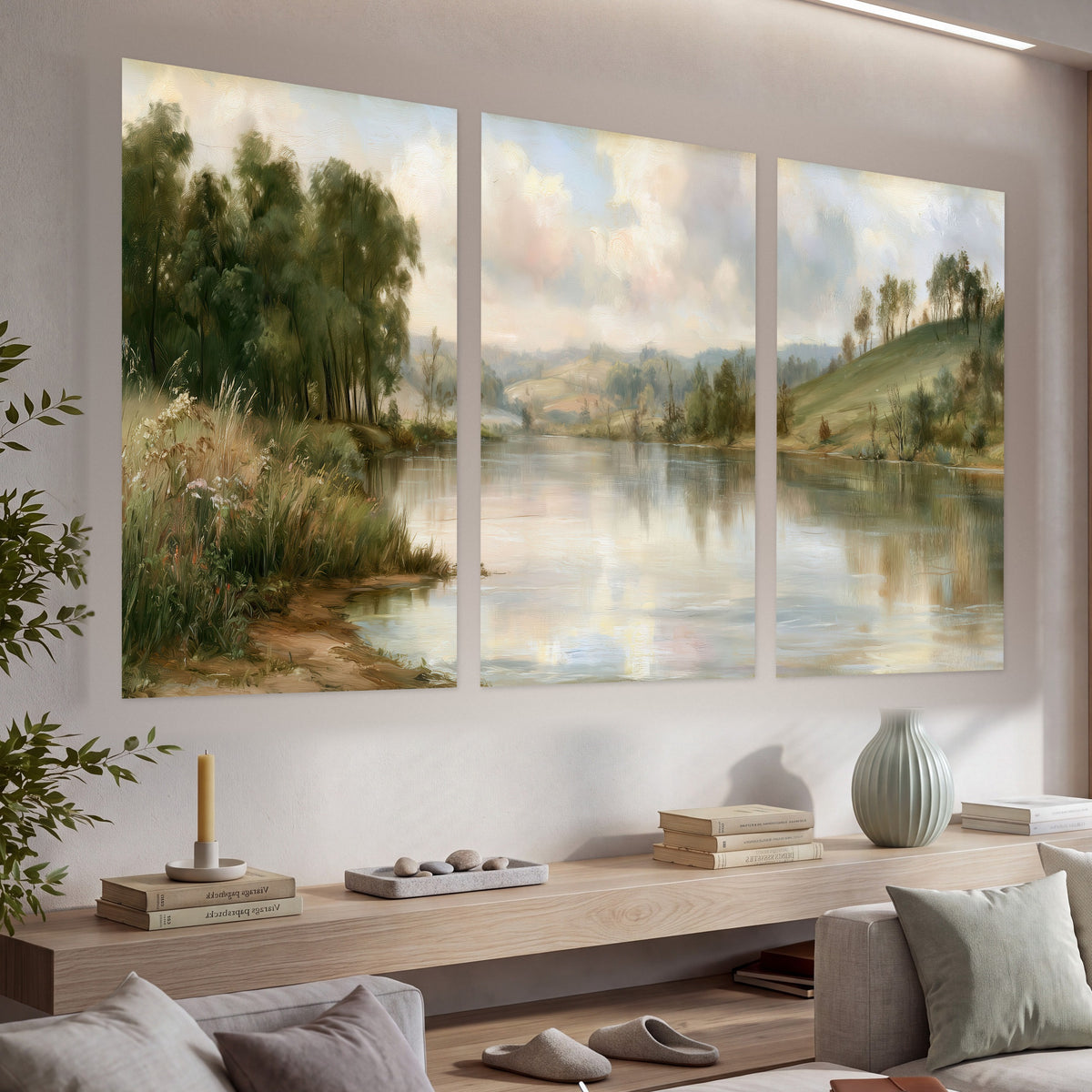 Pastel river valley painting set of 3 poster prints in a living room above a console