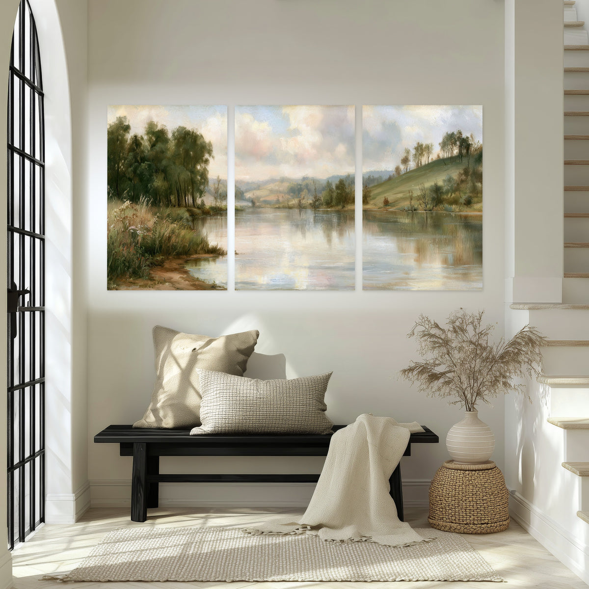 Pastel river valley painting set of 3 poster prints in an entryway above a bench
