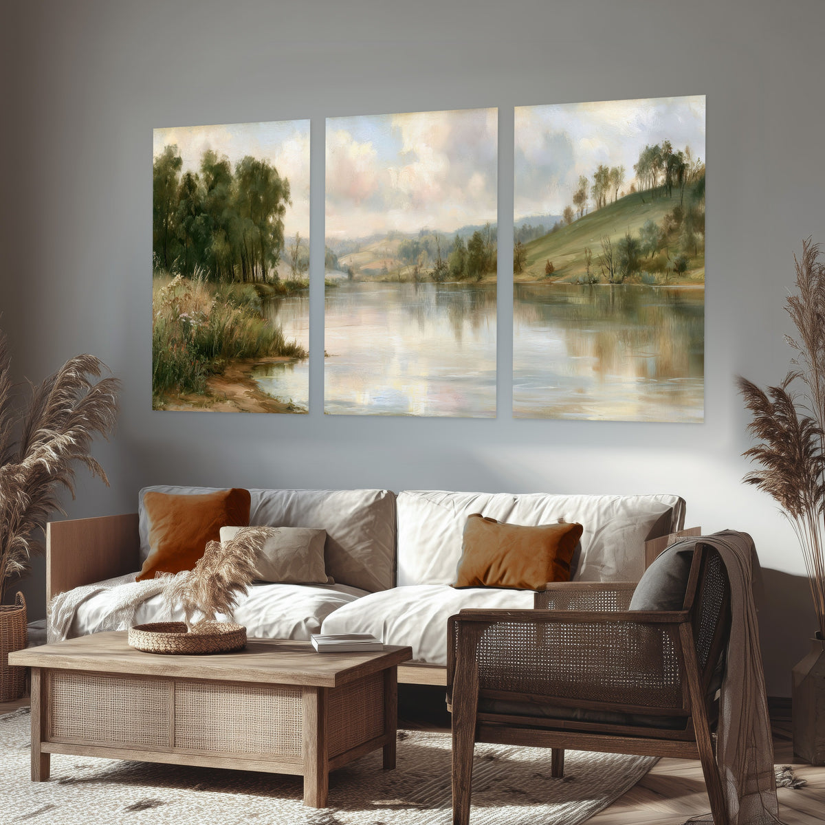 Pastel river valley painting set of 3 poster prints in a rustic living room