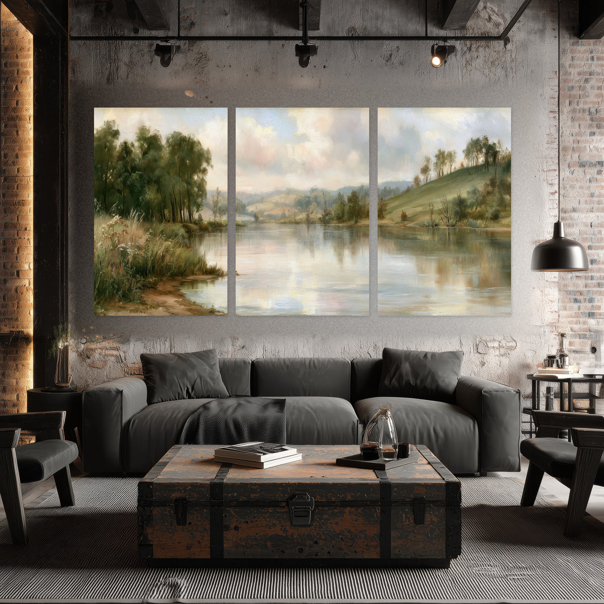 Pastel river valley painting set of 3 poster prints in an industrial loft