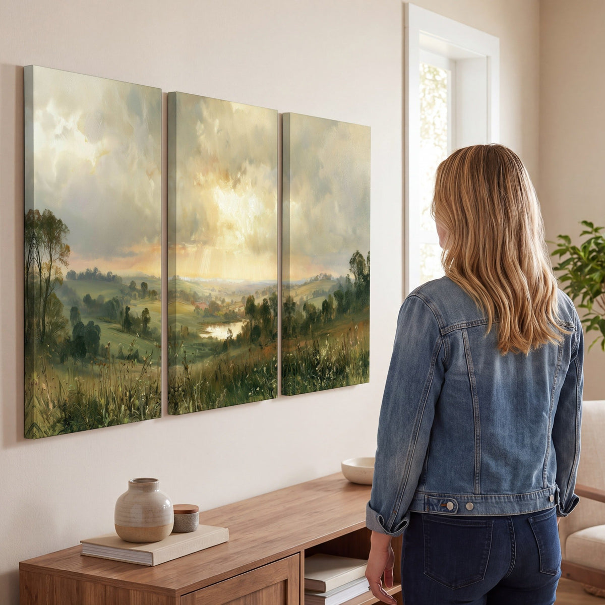 Sunbeams over countryside painting 3 piece canvas wall art in a living room