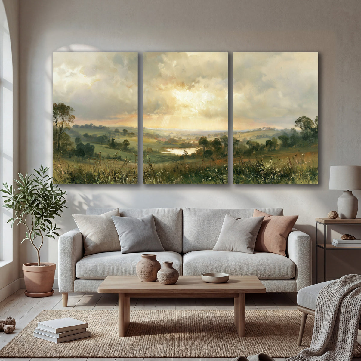 Sunbeams over countryside painting 3 piece canvas wall art in a bright living room
