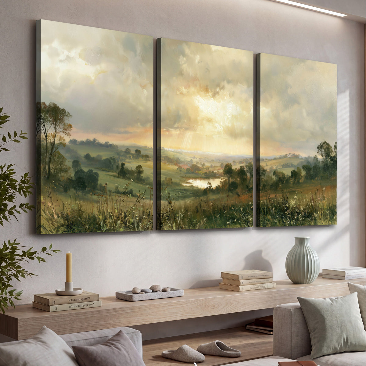Sunbeams over countryside painting 3 piece canvas wall art in a living room above a console