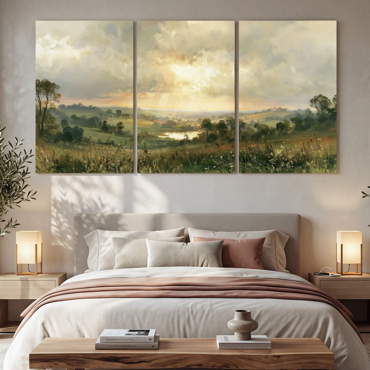 Sunbeams over countryside painting 3 piece canvas wall art in a bedroom above the bed