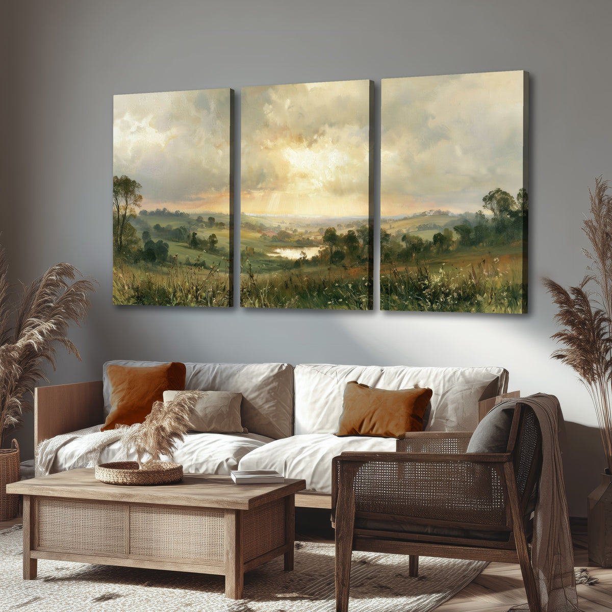 Sunbeams over countryside painting 3 piece canvas wall art in a rustic living room