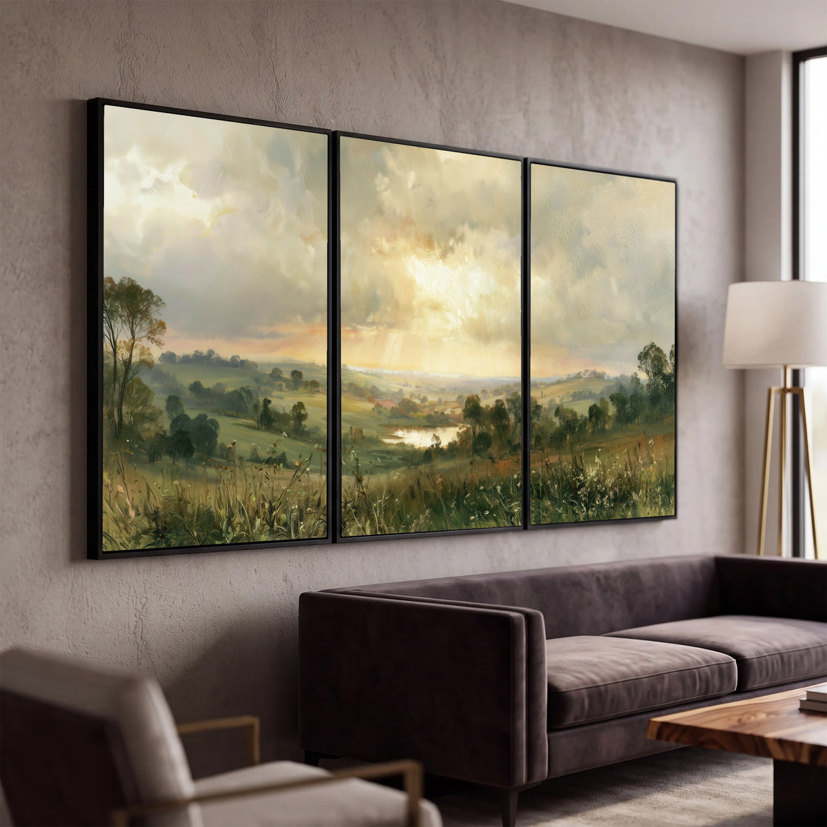 Sunbeams over countryside painting 3 piece canvas wall art in a modern living room