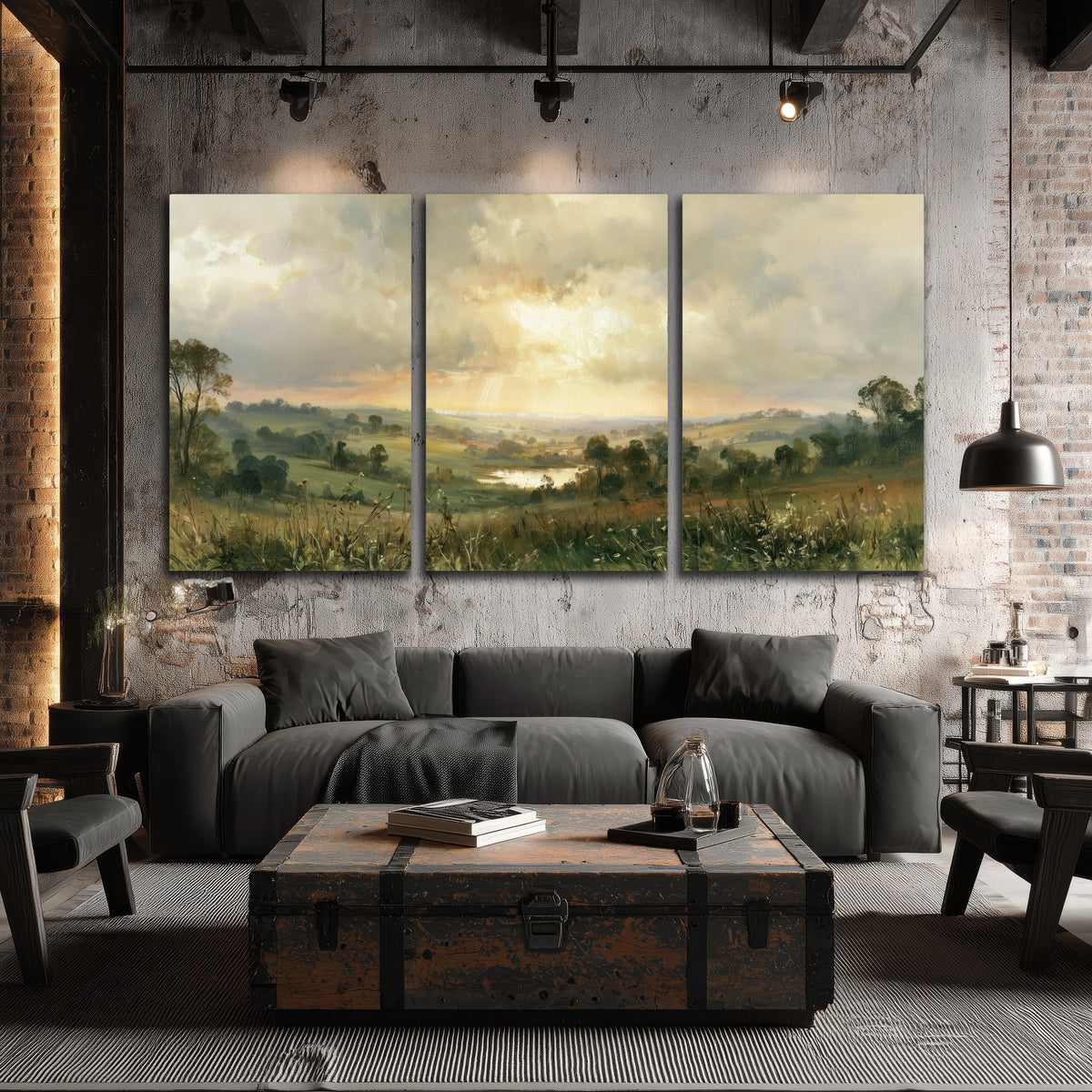 Sunbeams over countryside painting 3 piece canvas wall art in an industrial loft