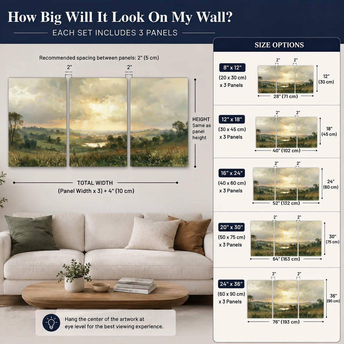 Sunbeams over countryside painting 3 piece canvas wall art size guide above a sofa