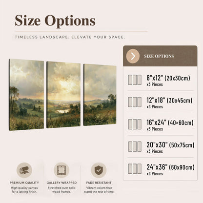 Sunbeams over countryside painting 3 piece canvas wall art size options