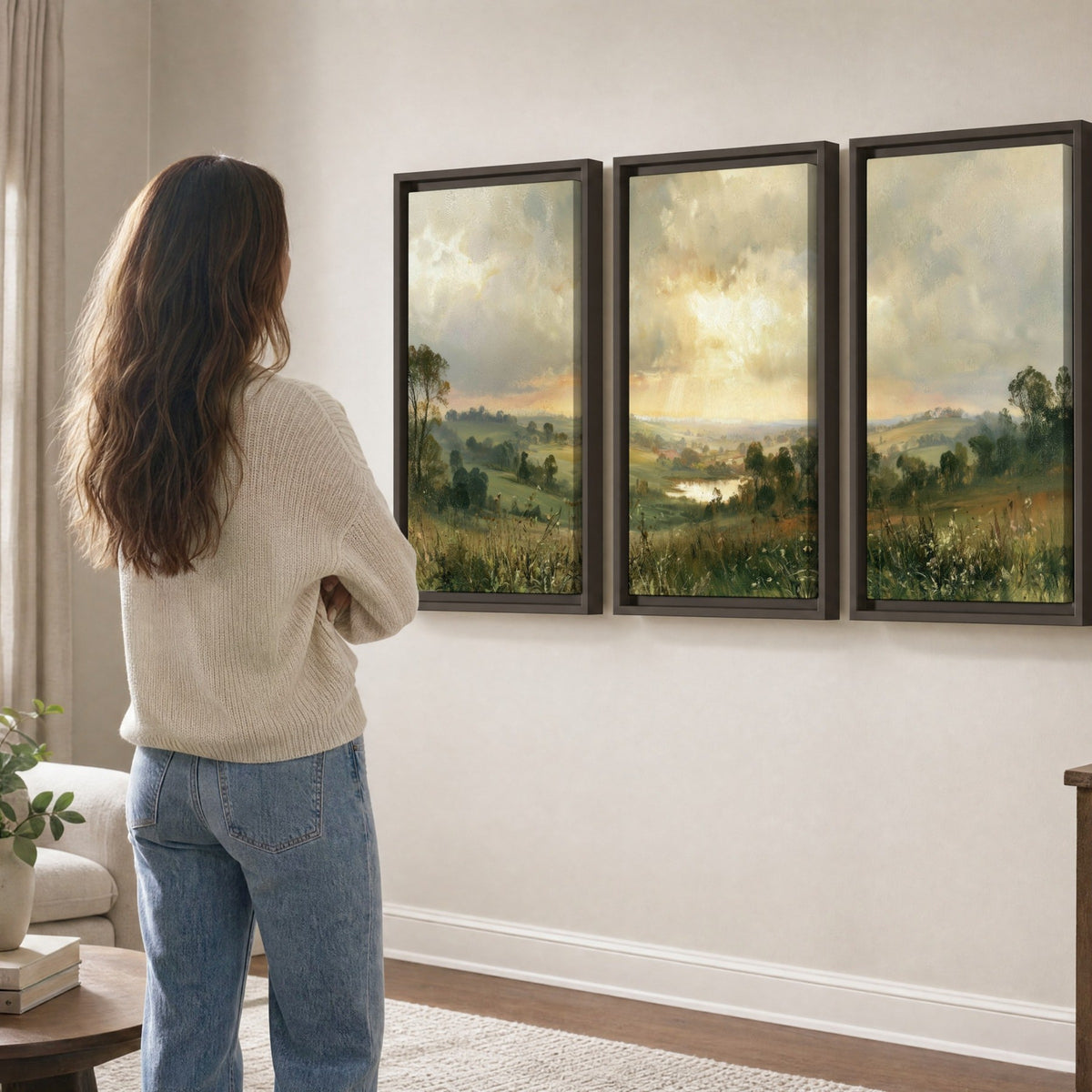 Sunbeams over countryside painting 3 piece framed canvas in a living room