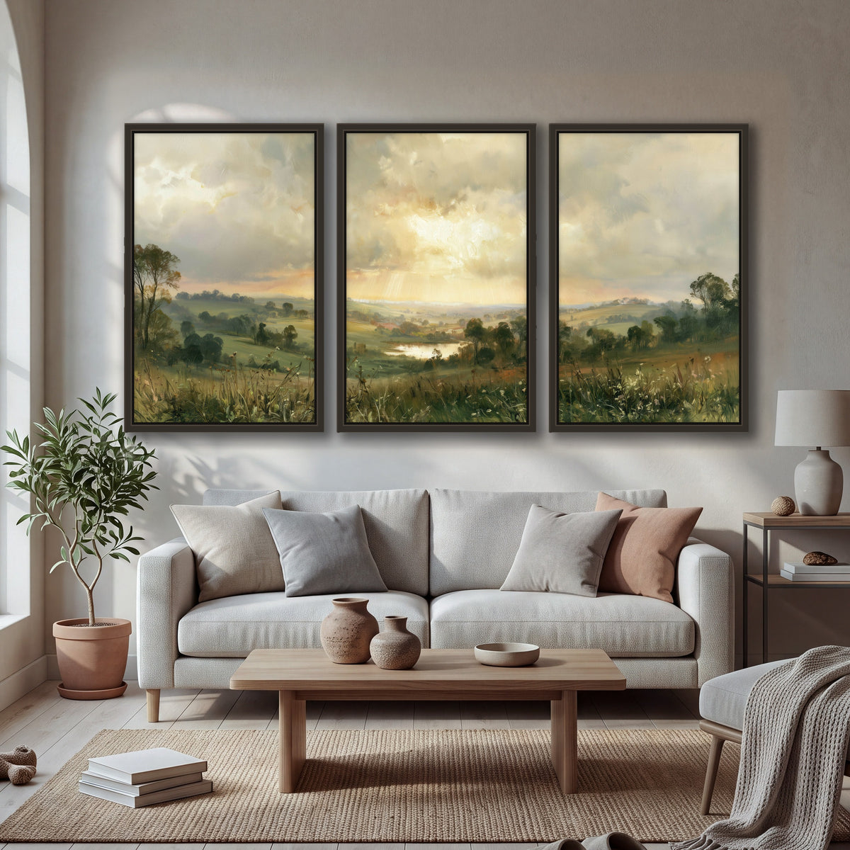 Sunbeams over countryside painting 3 piece framed canvas in a bright living room