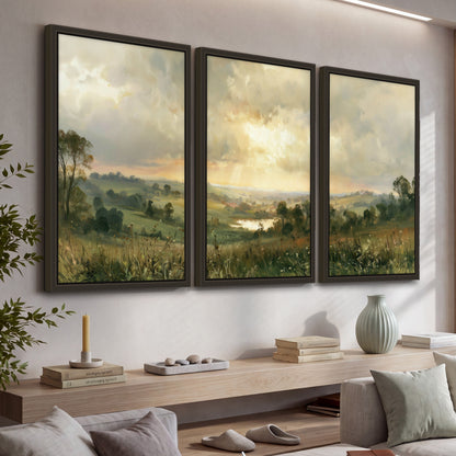 Sunbeams over countryside painting 3 piece framed canvas in a living room above a console
