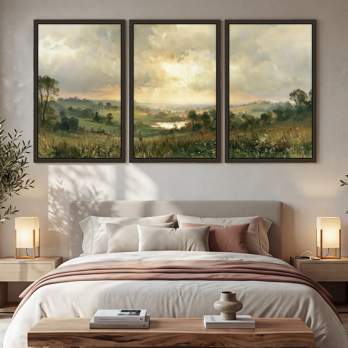 Sunbeams over countryside painting 3 piece framed canvas in a bedroom above the bed