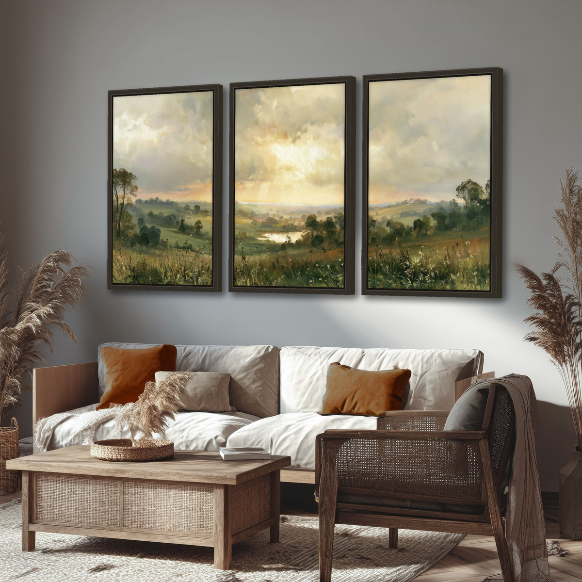 Sunbeams over countryside painting 3 piece framed canvas in a rustic living room