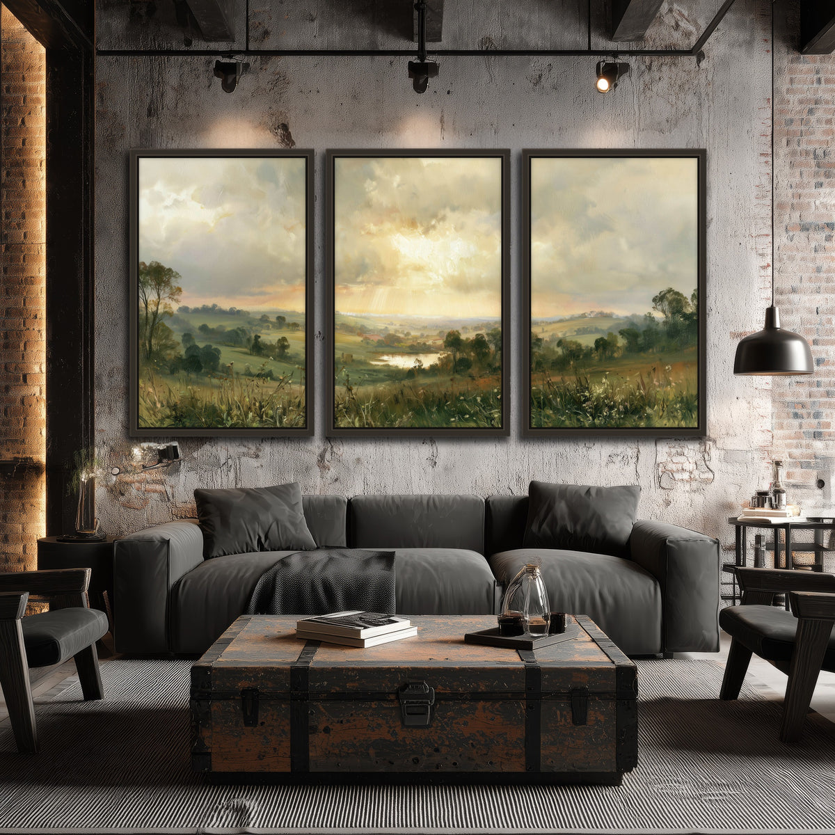 Sunbeams over countryside painting 3 piece framed canvas in an industrial loft