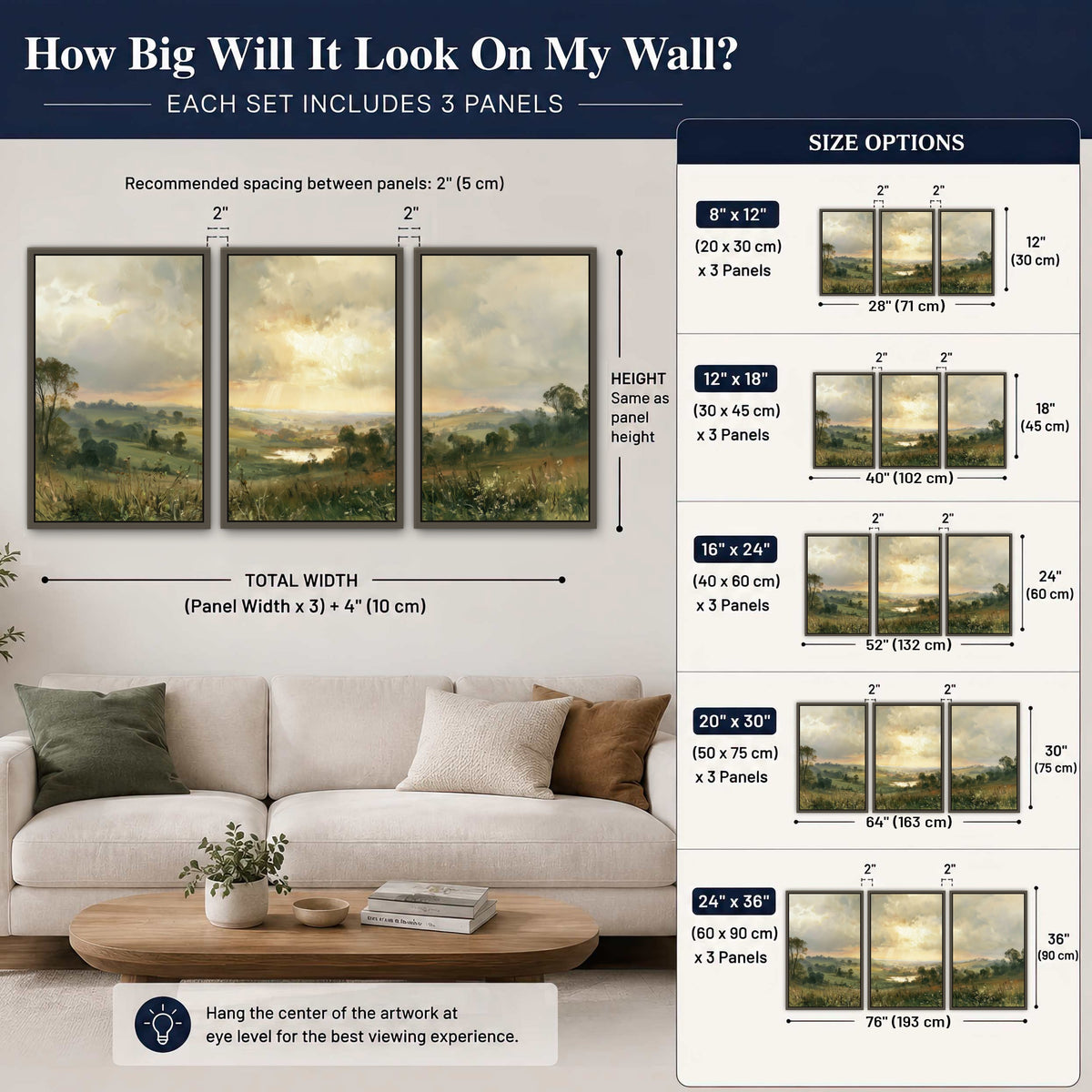 Sunbeams over countryside painting 3 piece framed canvas size guide above a sofa