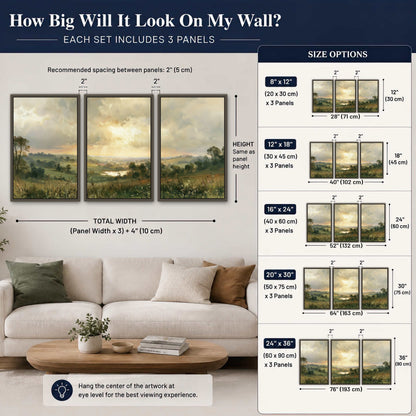 Sunbeams over countryside painting 3 piece framed canvas size guide above a sofa