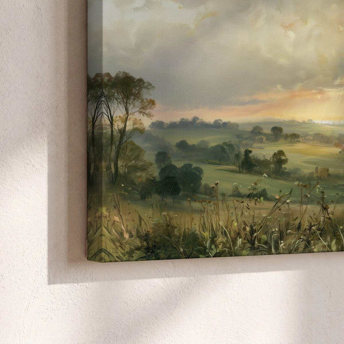 Sunbeams over countryside painting canvas print close-up showing the gallery-wrapped edge