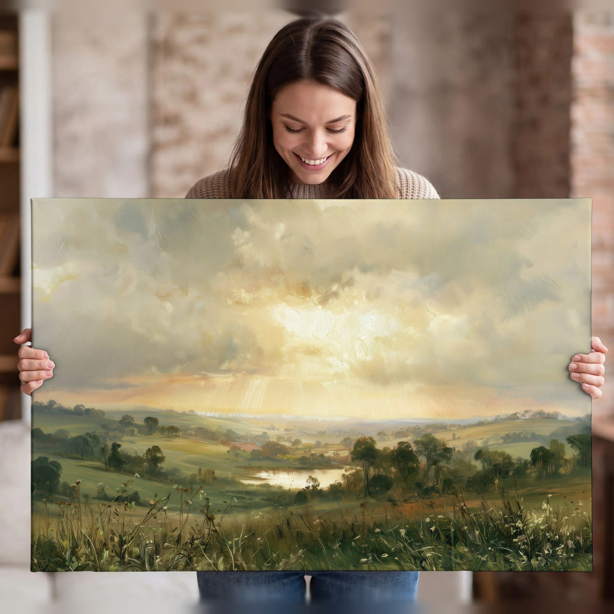 Sunbeams over countryside painting canvas wall art held in hands