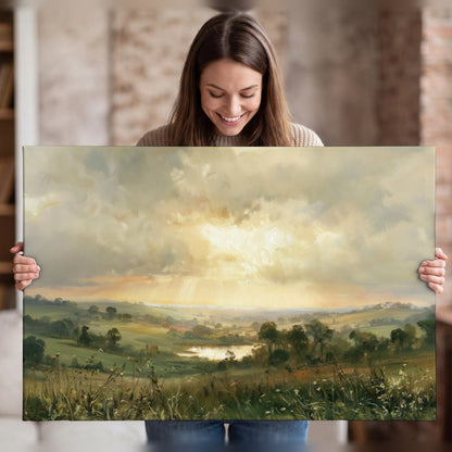 Sunbeams over countryside painting canvas wall art held in hands
