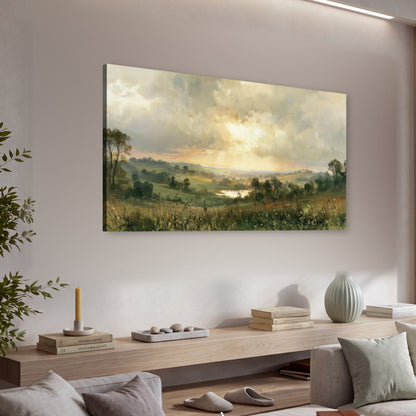 Sunbeams over countryside painting canvas wall art in a living room above a console