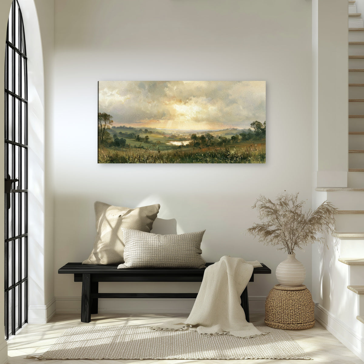 Sunbeams over countryside painting canvas wall art in an entryway above a bench