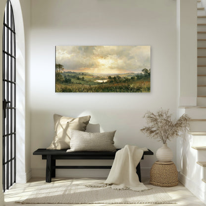 Sunbeams over countryside painting canvas wall art in an entryway above a bench