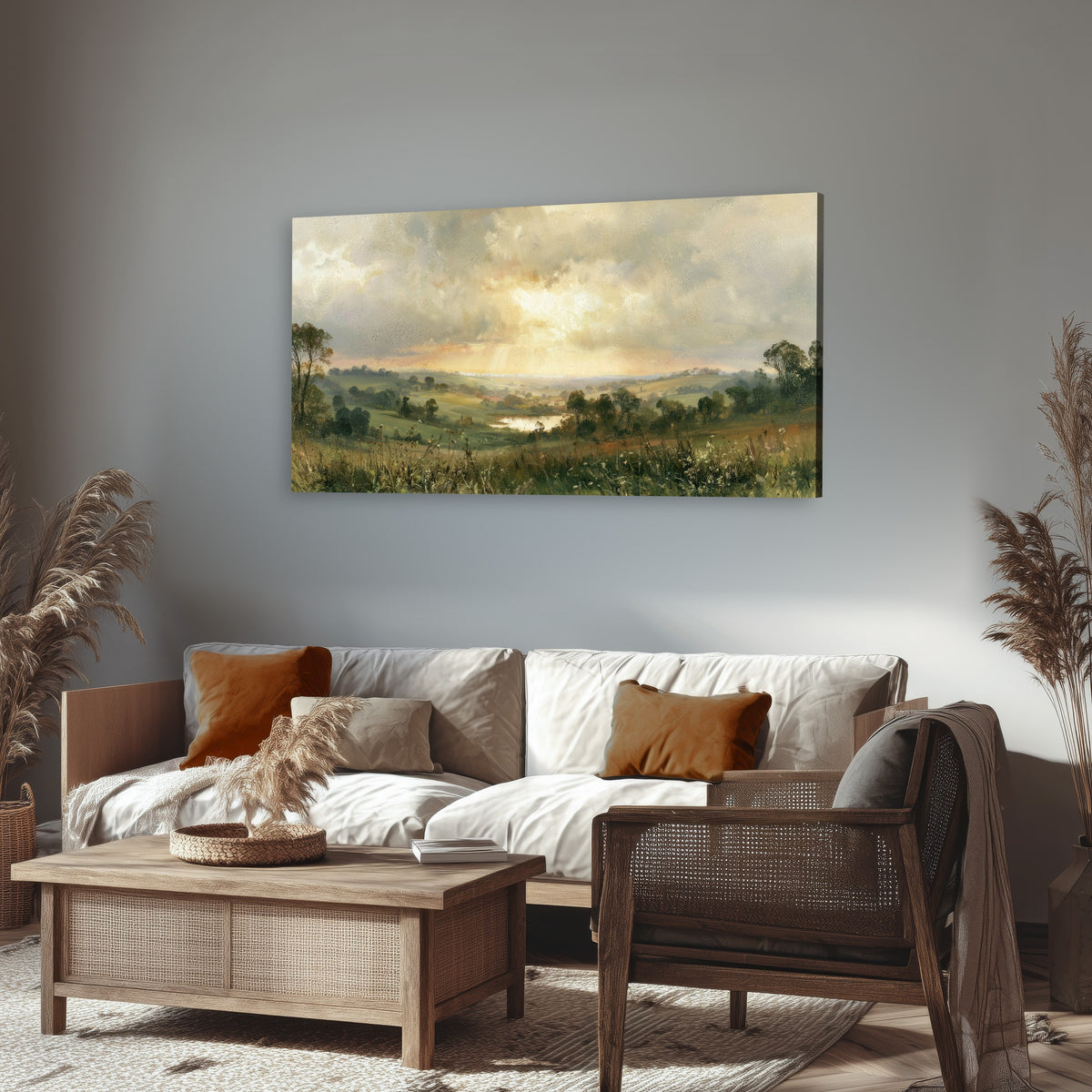 Sunbeams over countryside painting canvas wall art in a rustic living room