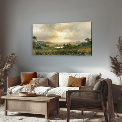 Sunbeams over countryside painting canvas wall art in a rustic living room