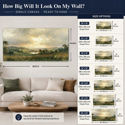 Sunbeams over countryside painting canvas wall art size guide above a sofa