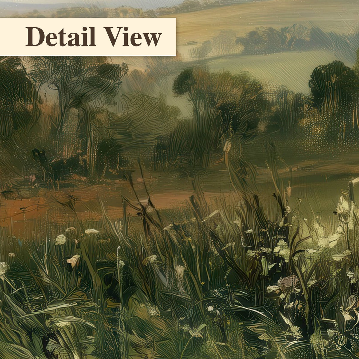 Sunbeams over countryside painting detail close-up