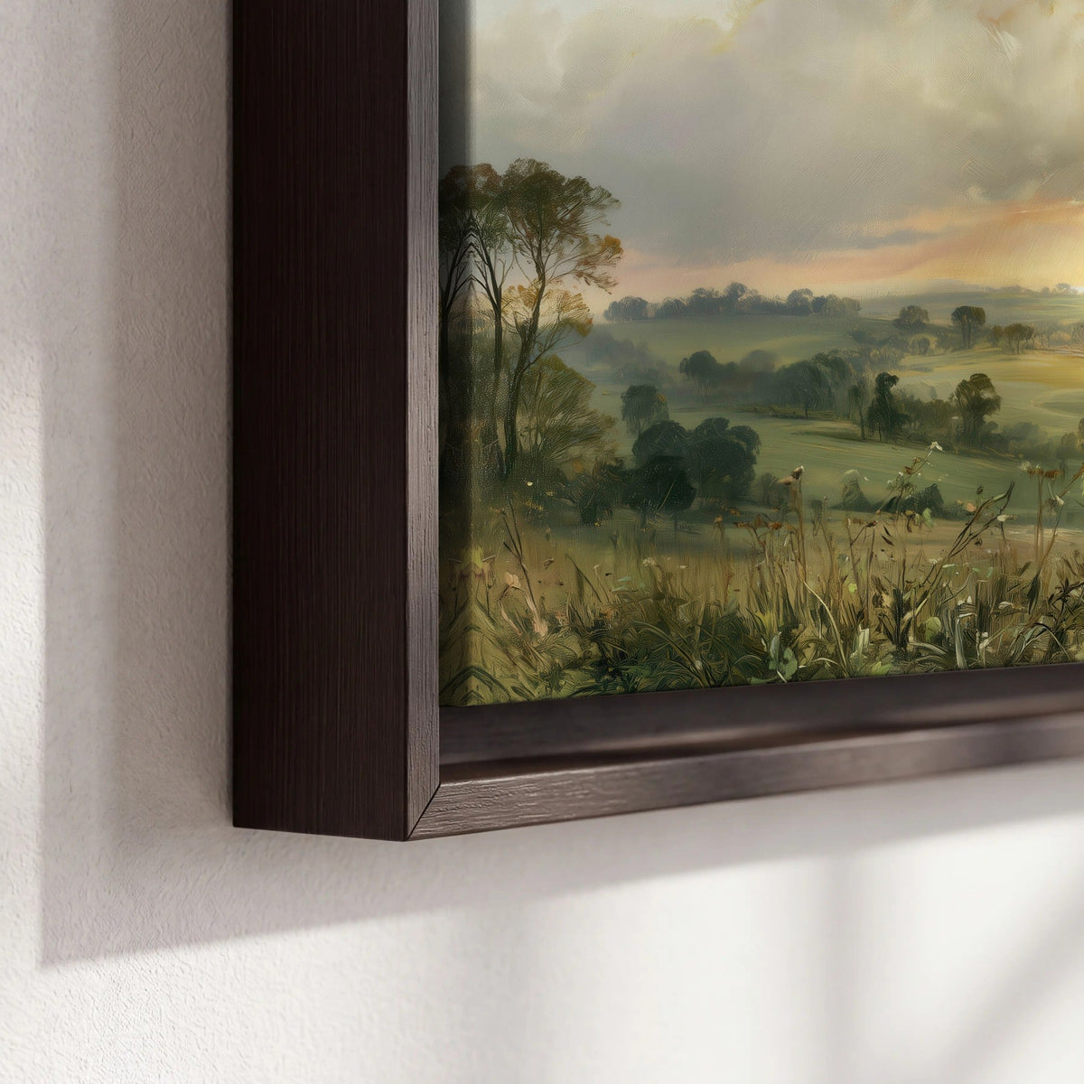 Sunbeams over countryside painting framed canvas close-up showing the floating frame