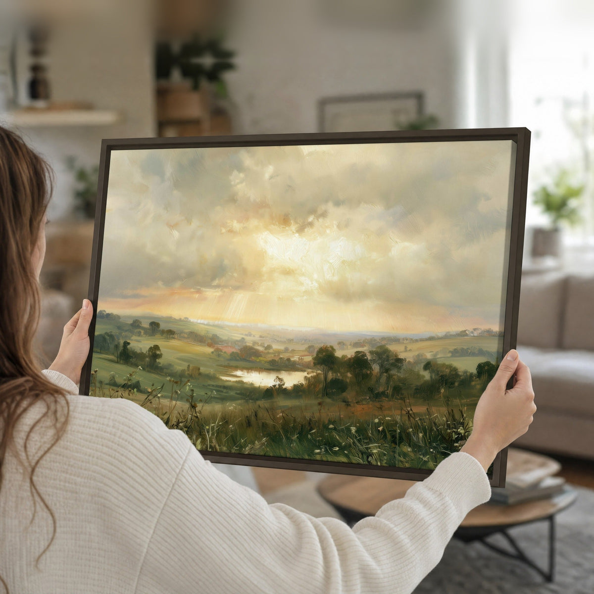 Sunbeams over countryside painting framed canvas held in hands