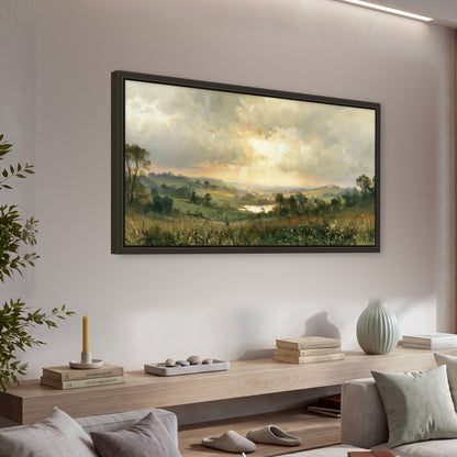 Sunbeams over countryside painting framed canvas wall art in a living room above a console