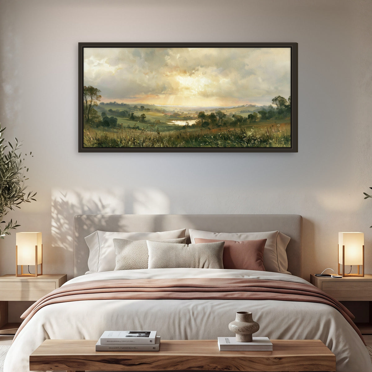 Sunbeams over countryside painting framed canvas wall art in a bedroom above the bed
