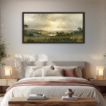 Sunbeams over countryside painting framed canvas wall art in a bedroom above the bed