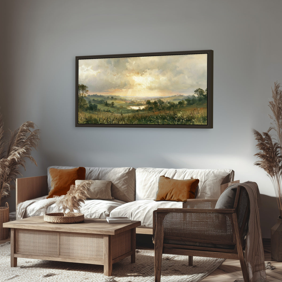 Sunbeams over countryside painting framed canvas wall art in a rustic living room