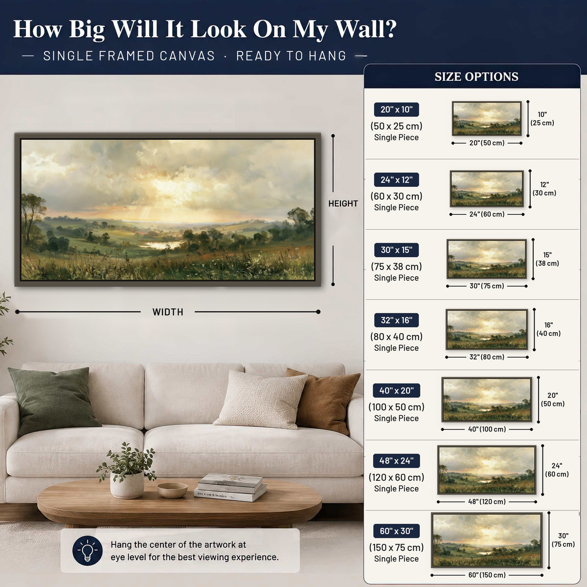Sunbeams over countryside painting framed canvas wall art size guide above a sofa