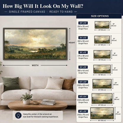 Sunbeams over countryside painting framed canvas wall art size guide above a sofa