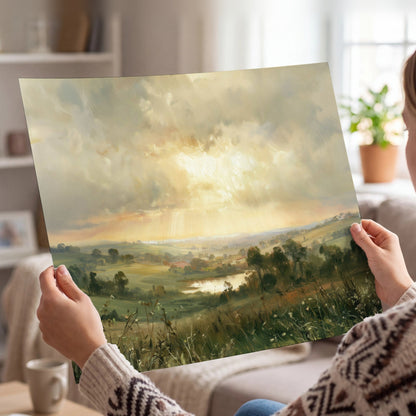 Sunbeams over countryside painting poster print held in hands