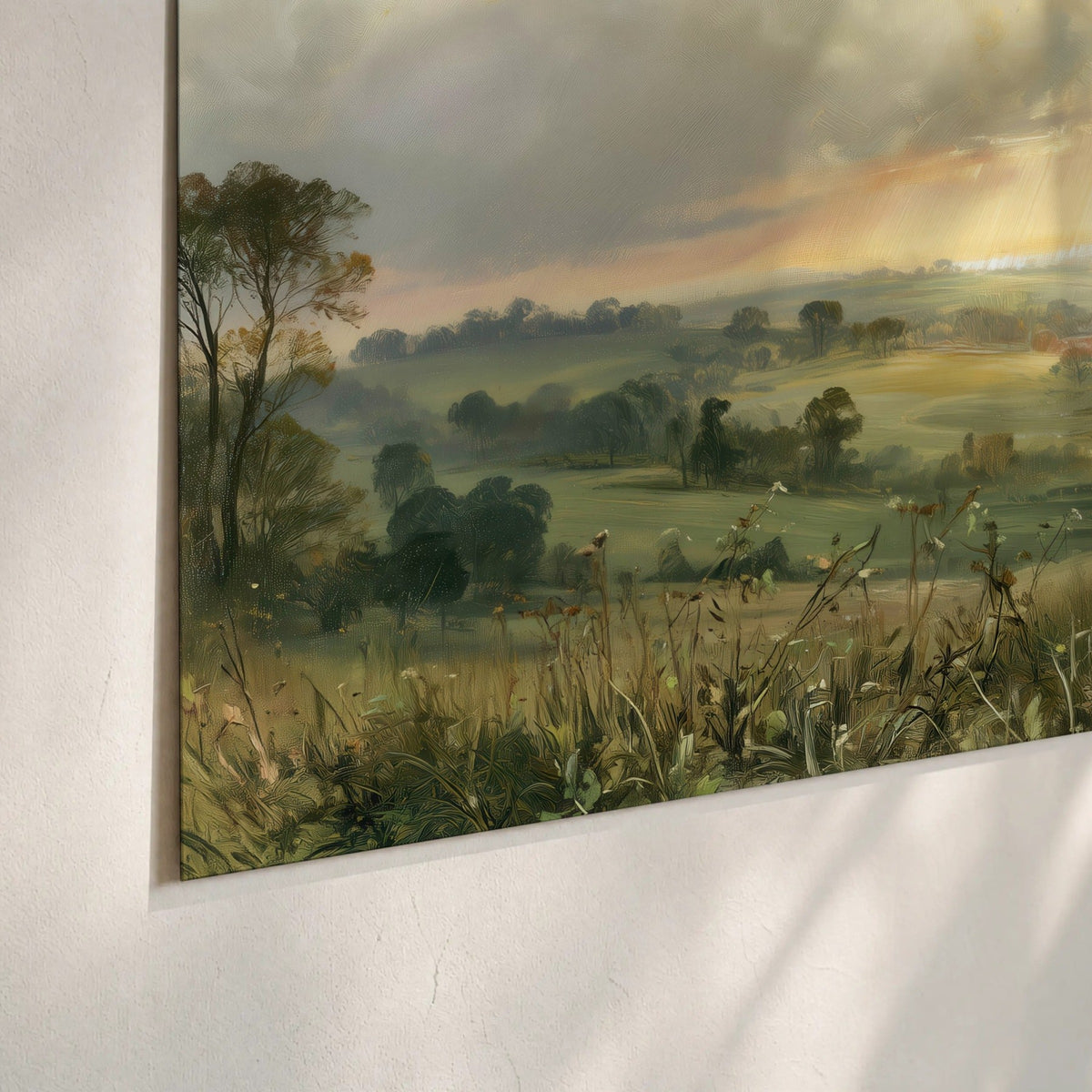 Sunbeams over countryside painting poster print close-up on matte paper