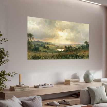 Sunbeams over countryside painting poster print in a living room above a console